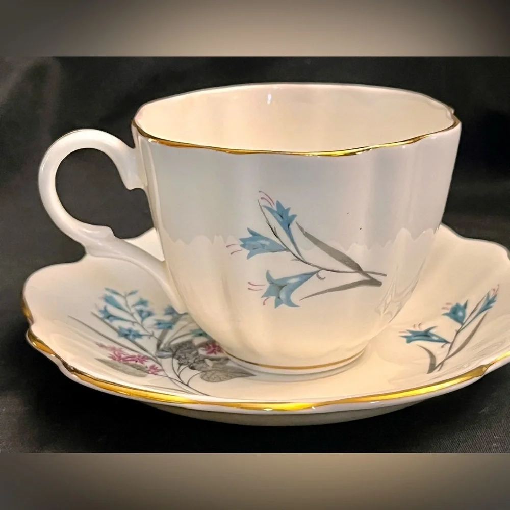Vintage English Castle 22K Gold Trim Blue Lily Bone China Teacup Saucer Set Tea